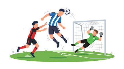 Obraz premium Flat vector illustration of a football player heading the ball toward goal during an outdoor soccer match with goalkeeper and defender in action