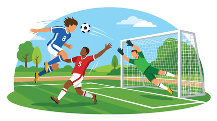 Fototapeta premium Flat vector illustration of a football player heading the ball toward goal during an outdoor soccer match with goalkeeper and defender in action