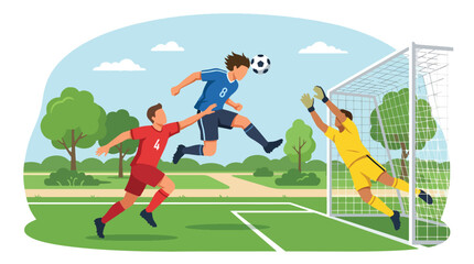 Flat vector illustration of a football player heading the ball toward goal during an outdoor soccer match with goalkeeper and defender in action © Amie