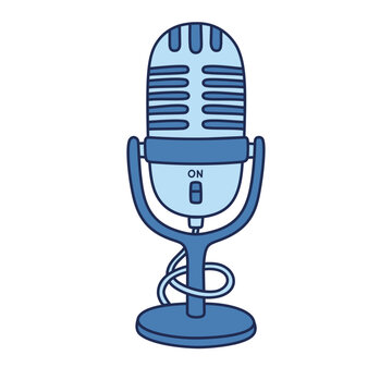 Microphone clipart cartoon podcast mic vintage blue with cable stand and on switch doodle drawing vector art on transparent background