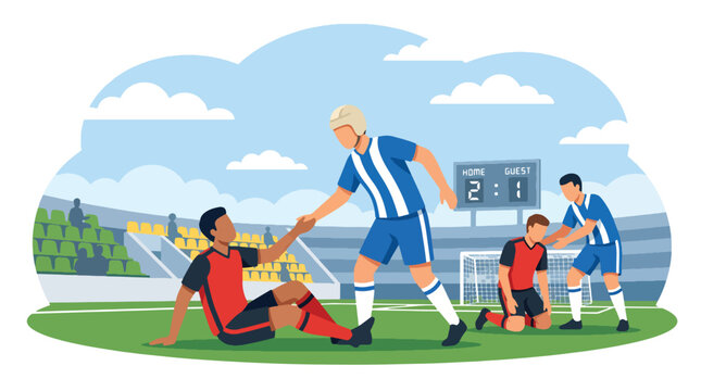 Flat vector illustration of a soccer player comforting disappointed opponents after a football match, highlighting teamwork, empathy, and fair play in sports