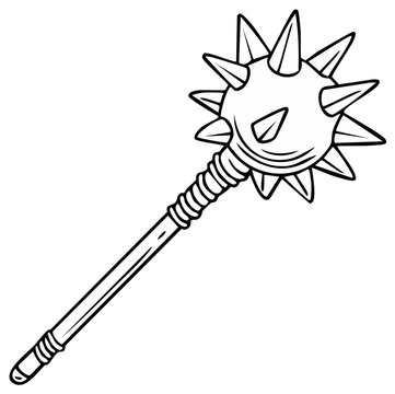 Detailed vector drawing of a medieval mace weapon with spikes, black and white isolated on plain background.