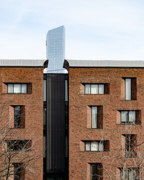 Modern University Dormitory Red Brick Facade with Sculptural Glass Tower Element, University of Pennsylvania, Philadelphia