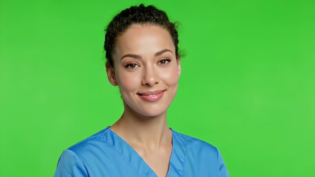 Smiling woman in blue scrubs.