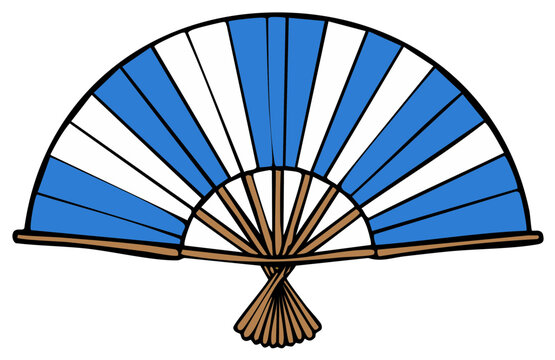 Blue and White Striped Folding Fan with Wooden Handle