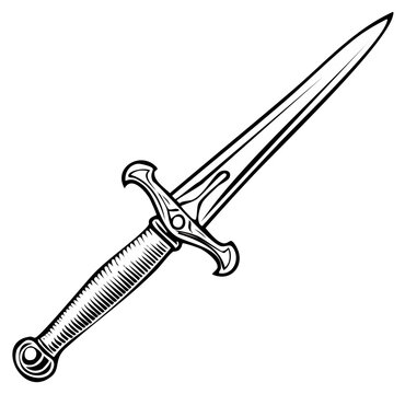 Vintage medieval dagger or short sword with an ornate hilt. Black and white line art illustration.