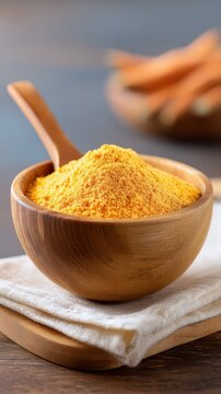 Wooden bowl filled with bright yellow turmeric powder on a wooden surface with blurred carrots in the background