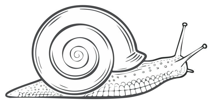Crawling snail with spiral shell black and white line art illustration