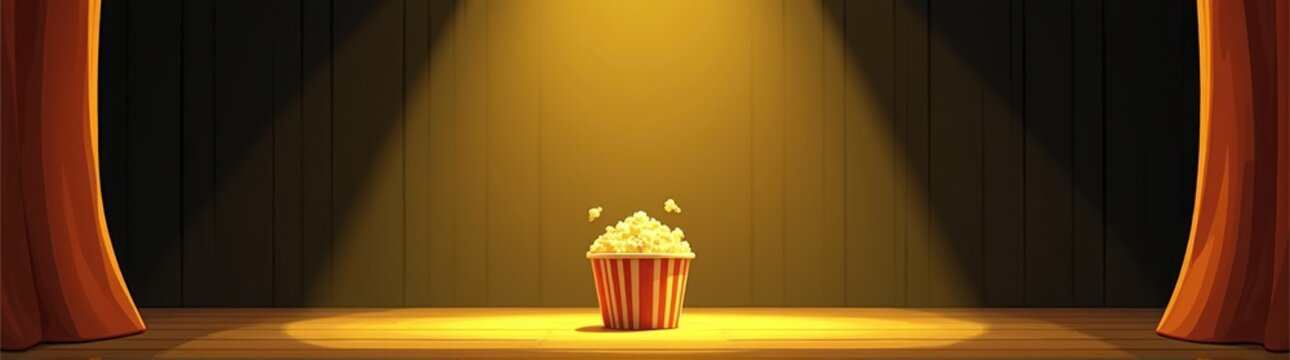 A cartoon popcorn bucket on stage with spotlights and curtains banner copy space