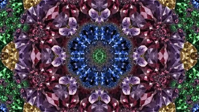 Hypnotic Kaleidoscope Effect with Vibrant Gemstone Colors and Intricate Patterns.