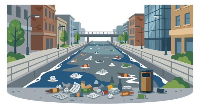 City canal with floating trash paper and foam Concept of pollution and environmental awareness