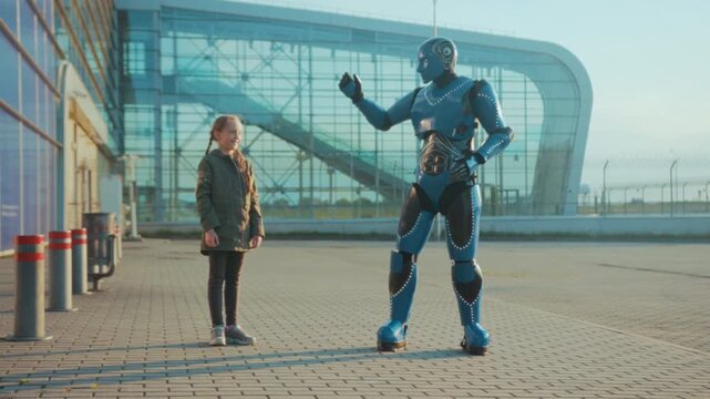 Robot greets girl, Child and machine interact happily, Youthful child engages with friendly robot outside