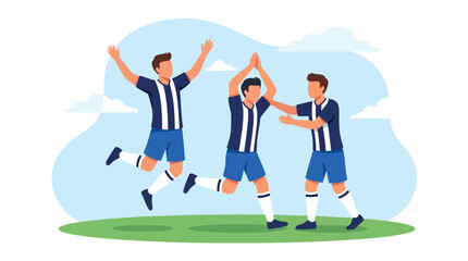 Obraz premium Flat vector illustration of soccer players celebrating a winning goal in a packed stadium, featuring teamwork, victory emotions, and energetic football action