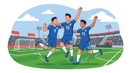 Flat vector illustration of soccer players celebrating a winning goal in a packed stadium, featuring teamwork, victory emotions, and energetic football action © Amie