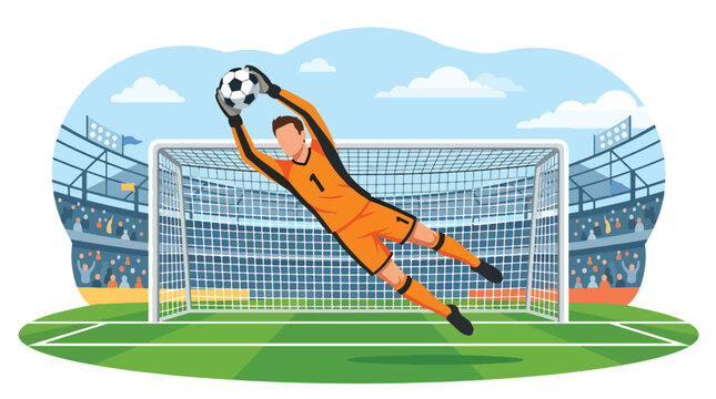Flat vector illustration of a goalkeeper making a diving save during a football match, capturing dynamic soccer action and defense