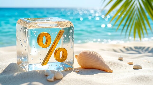 Golden Percentage symbol in clear cube on a tropical beach for summer sale advertising, vacation discounts, and financial savings promotions.