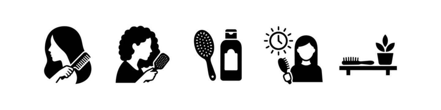 Collection of minimalist black hair care icons including women brushing hair, a shampoo bottle, and grooming tools. Perfect for beauty, hygiene, and daily routine themes.