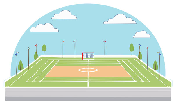 Vector illustration of an empty outdoor futsal or soccer field with a goal on a sunny day.