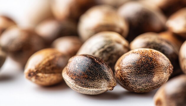 Macro Shot Of Hemp Seeds On A White Background - Close-Up Photography Of Small, Brown Seeds With High Nutritional Value
