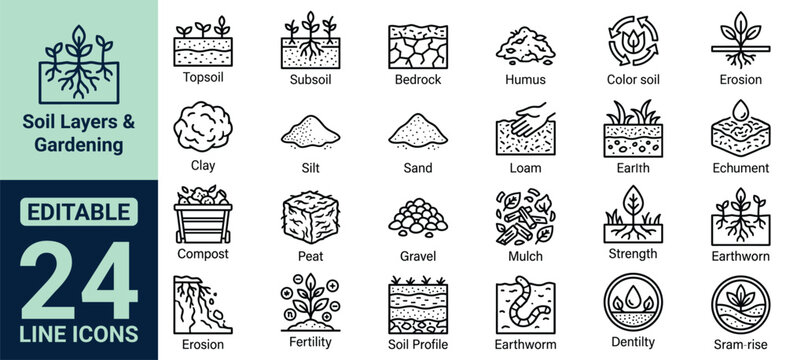 Soil Layers and Gardening Icon Set Featuring Topsoil Subsoil Bedrock Clay Silt Sand Loam Compost Peat Gravel Mulch Earthworm Erosion Fertility Soil Profile and Ground Texture Icons