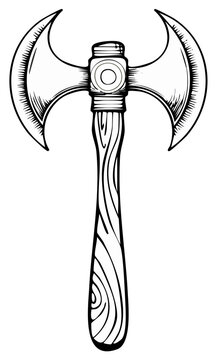 Sharp double-bladed axe, battle axe, two-headed weapon, vintage wooden handle, vector illustration of fantasy weapon.
