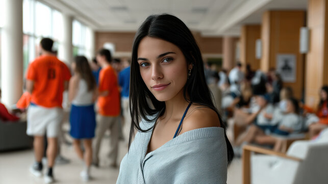 Young woman college freshman student casual confident indoor university group people