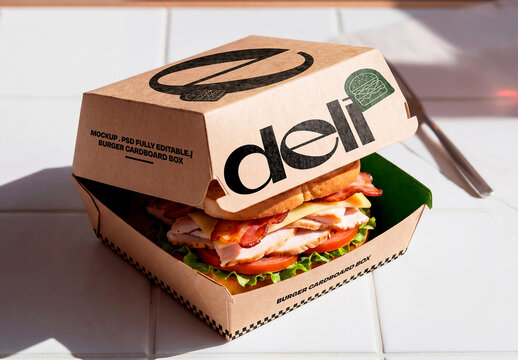 Burger Cardboard Box Mockup on White Tile Counter