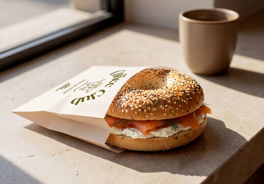 Bagel Sandwich Wrapping Paper Mockup with Coffee Cup