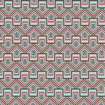 Pastel Art Deco Geometric Arrow Seamless Pattern, Retro Pink Mint and Gray Chevron Repeat Background, Vintage Vector Design for Wallpaper, Textile, Fabric and Packaging