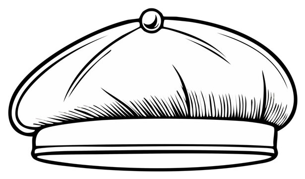 Stylized black and white illustration of a classic flat cap hat with a central button and textured detailing