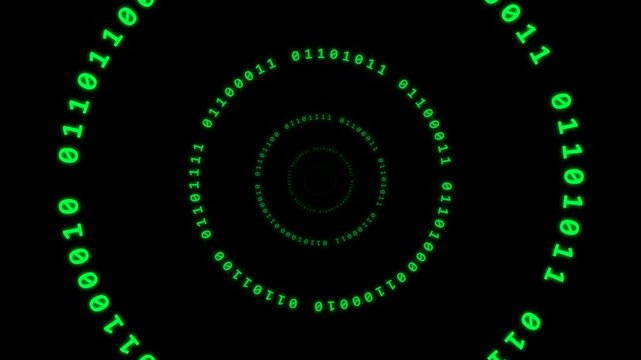 Green Binary Code Rings Tunnel Animation on Black Background