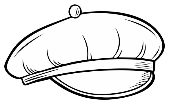 Simple black and white line drawing of a classic french beret hat with a small ball on top