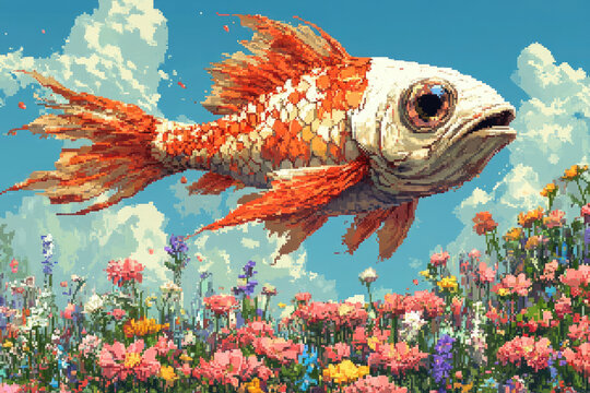 Soaring Undead Fish Over a Blooming Meadow Landscape