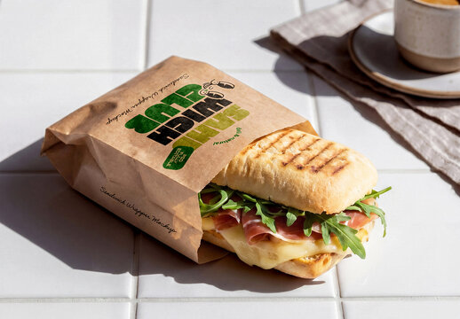 Sandwich Paper Bag Packaging Mockup with Coffee Cup