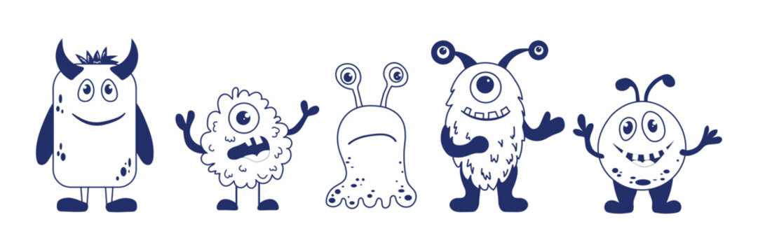 Cute monster doodle set with funny cartoon alien creatures featuring one eye furry and horned characters in minimal blue line style