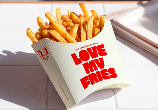 French Fries Packaging Mockup on White Tile Counter