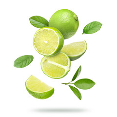 Obraz premium Fresh limes and green leaves falling on transparent background. Citrus fruit