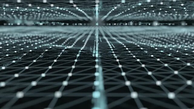 Abstract digital mesh network with glowing nodes moving in a flowing wave pattern captured in 4k 