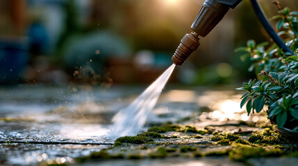 Fototapeta premium Low-angle view of a pressure washer wand directed at moss-covered stone garden paving in full sunlight, a bright white plume of water and debris rising into the sunny air, clean