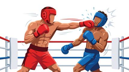 Obraz premium Flat vector illustration of two boxers fighting in a professional boxing ring, featuring powerful punches, sports competition, and dynamic combat action
