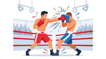 Obraz premium Flat vector illustration of two boxers fighting in a professional boxing ring, featuring powerful punches, sports competition, and dynamic combat action