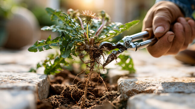Close-up of a gloved hand using a chrome weed-puller tool to extract a dandelion cleanly from between pale stone pavers in full sunlight, the long intact root emerging from the