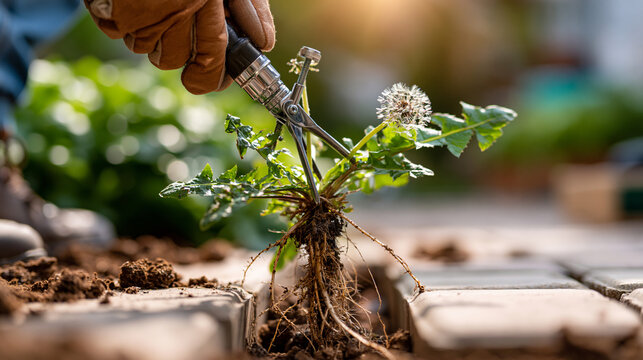 Close-up of a gloved hand using a chrome weed-puller tool to extract a dandelion cleanly from between pale stone pavers in full sunlight, the long intact root emerging from the