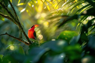 Obraz premium Vibrant bearded barbet perched on a branch amidst lush green foliage in a tropical rainforest, illuminated by dappled sunlight