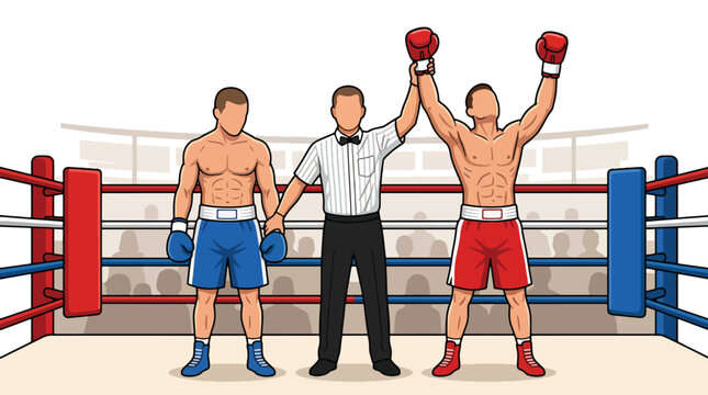 Flat vector illustration of a victorious boxer celebrating after a championship fight while the referee raises his hand inside the boxing arena