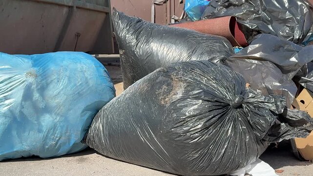 Piles trash bags scattered near dumpster, rusted iron container at side, blue and black sacks strewn across asphalt, residential