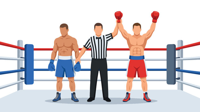 Flat vector illustration of a victorious boxer celebrating after a championship fight while the referee raises his hand inside the boxing arena