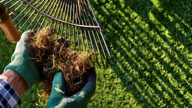 Overhead view of gloved hands raking dry grass thatch from a luminous lime-green lawn with a metal scarifier rake on a clear bright spring morning, long diagonal shadows falling
