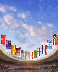 Fototapeta premium soccer stadium with multiple national flags symbolizing an international football tournament. ready for game