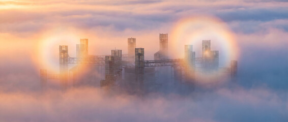 Fototapeta premium Fog‑Shrouded Futuristic Towers with Atmospheric Light Halos